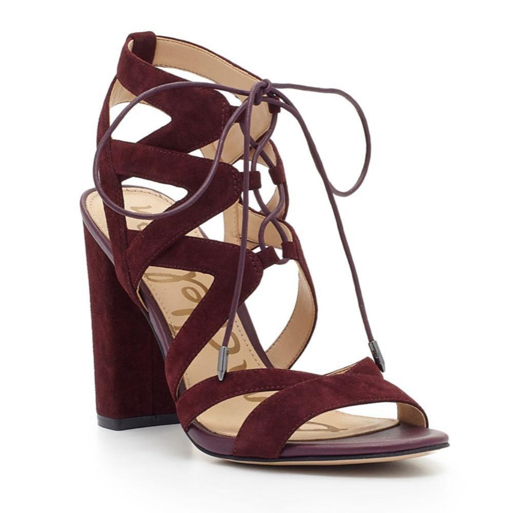SAM EDELMAN Yardley Block Heel Sandal in Wine (Burgundy) Suede - Size 8.5